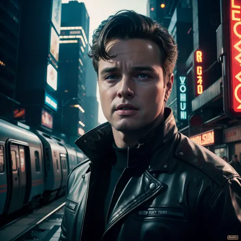 4k Image from a Ridley Scott movie, close up portrait of a young man (Marlon Brando) in a cyberpunk city, dystopian society train running through buildings in the background, cyberpunk, artistic, wearing retro-futuristic fashion clothes, futuristic technol...