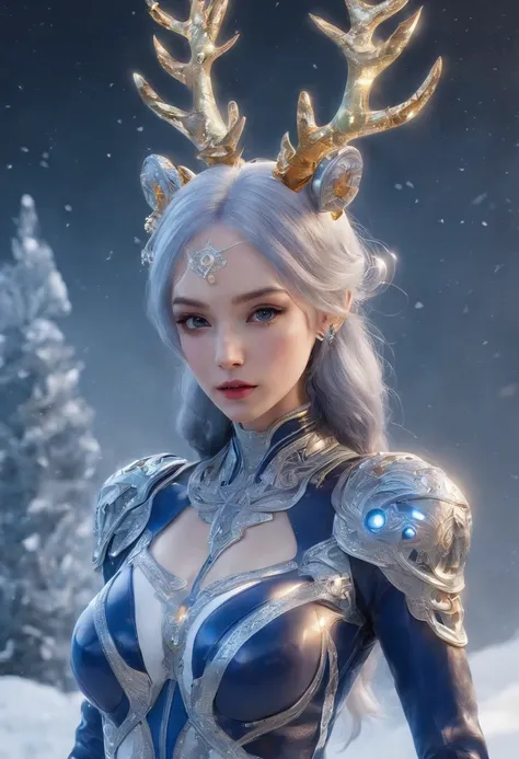 Cirila Fiona Ellen Rhiannon，Highest image quality，excellent details，超A high resolution，（fidelity：1.4）, Favor the details，Reindeer Ride，High-tech reindeer nightmecha，He has a delicate and beautiful face，（（Blue-white flying semi-mechanical fuselage：1.8）），Rai...