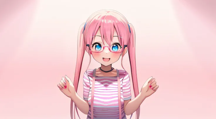 1girl, loli, anime, pink hair with twin tails, blue eyes, wearing white and pink striped shirt, pink glasses, absurdres, high res, ultrasharp, 8K, masterpiece, looking at viewer, smiling