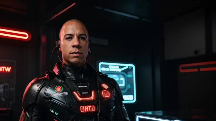 Cinematic Ultra Realistic 8k Centralized Portrait Vin Diesel, In a shiny black mechanical android costume with red details and lights with intricate cybernetic implants Headset with red neon angled inside a building with red neon lights, bem iluminado, Cyb...