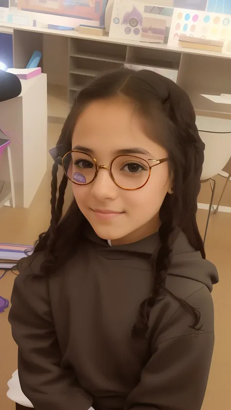 Girl with Harry Potter glasses, morena de cabelos encaracolados, alegre, Funny, Drawing and playing on your phone.