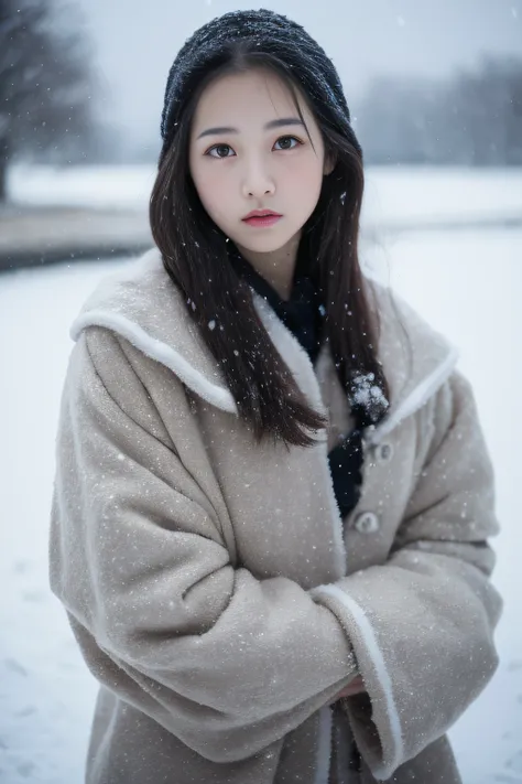 (in 8K、top-quality、masutepiece、超A high resolution:1.2) 、(Cold style:1.1) 、(Gloomy winter snow:1.4) 、Beautiful realistic Japan woman、22year old、long、Winter costume、professional photograpy、artistic、