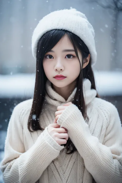 (in 8K、top-quality、masutepiece、超A high resolution:1.2) 、(Cold style:1.1) 、(Gloomy winter snow:1.4) 、Beautiful realistic Japan woman、22year old、bob、Winter costume、professional photograpy、artistic、A faint smile、