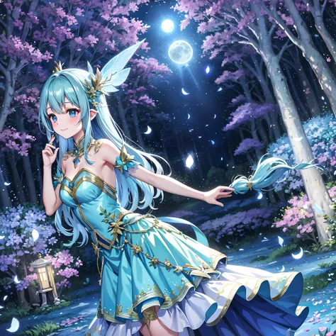 In a realm of enchantment, Dynamic Angle、 within a magical forest, a mystical fairy girl emerges, Light blue long hair、Twin-tailed、adorable smiling、Moonlight twinkle. Her skirt, woven from petals and stardust, shimmers with an iridescent glow,  Flowering t...