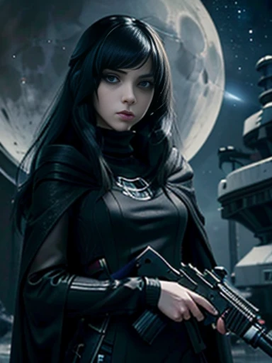 ((emo_hairstyle)), (((Jessica_Faulkner))), tronwear, pale skin, tight black cloak, pale blue eyes, aiming gun, long hair, straight hair, long bob, (((black hair))), white skin, pale, white, spaceship, gun, moon, leather turtleneck, Milky Way Galaxy, pointi...