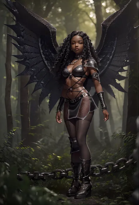 ((18-year-old))), black girl, (((light skin))), (((full body pose))),  (((long curly black hair))), (((wearing tight chainmail micromini skirt, chainmail bra, open front cloak, wings))), (((seamless, black, pantyhose))), standing in the dark woods at night...