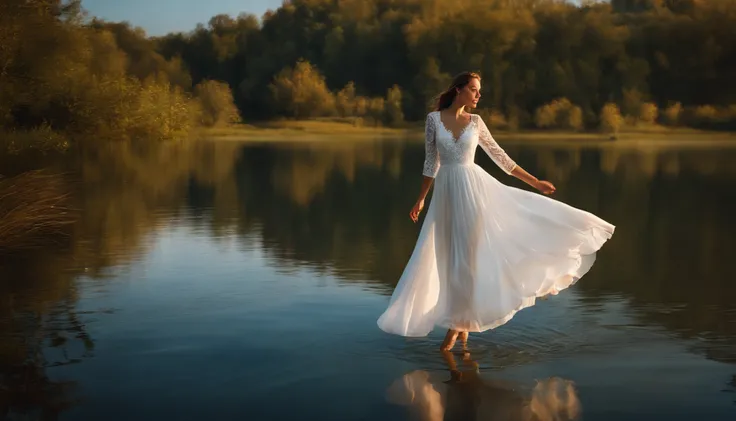 Girl Frolicking with Water, 独奏, Dressed in a white dress, lake, Elegant, artistic,  (Photorealsitic: 1.4), top-quality, ​masterpiece, ultra-detailliert, lighting like a movie