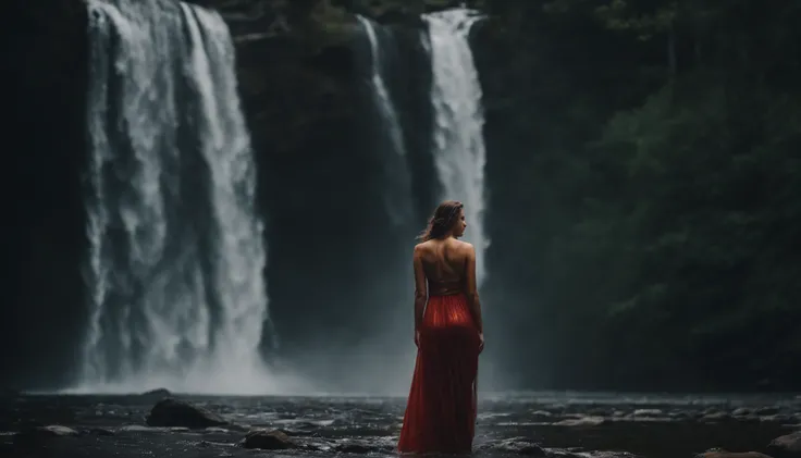 female full body, waterfall, transparent wet dress