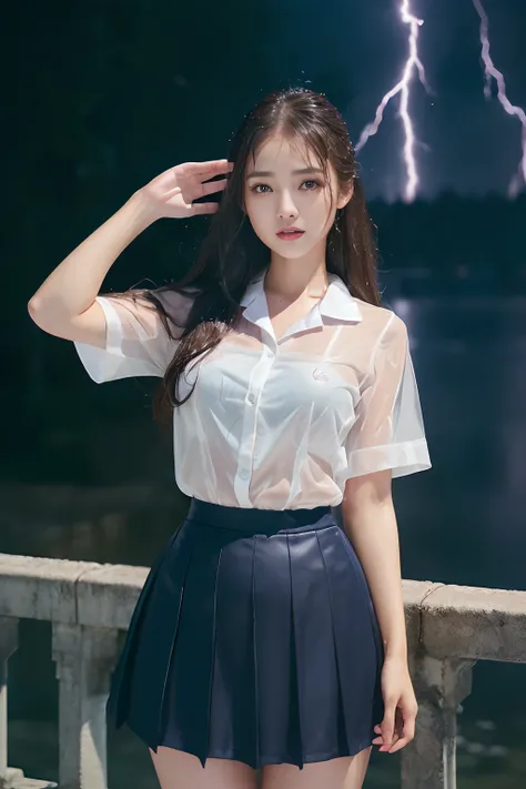 ((Best Quality, masutepiece, 超A high resolution、The most complex and detailed depictions)),((1 schoolgirl、Wet white uniform shirt、Wet shirt、Complex texture of wet clothes、The perfect texture for wet hair、Perfect texture down to the smallest detail of wet c...