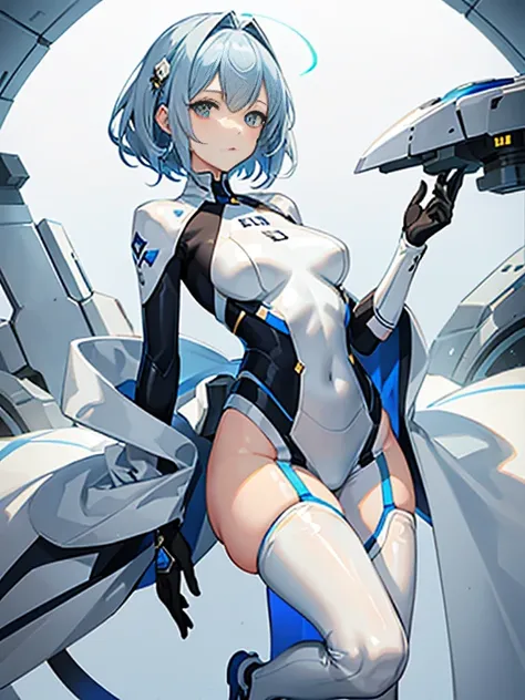 Slender beautiful girl、(White and blue futuristic space station wall background):1.2、Tight-fitting bodysuits of the near future、hight resolution、top-quality、The ultra-detailliert、Fine details、Does not blush cheeks、knee high、Undersized breasts、short hair of...