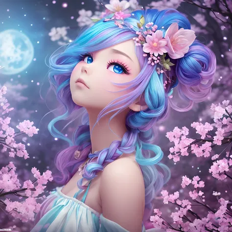 from side view, Hypersaturated, Be colorful, fairytale, dream-like, Cinematic character rendering, an oil painting, 3D, 8K分辨率, pasties, kirakira, cherry blossom forest, moonlights, Close-up portrait adorable chibi cute anthropomorphic puppy king, A detaile...