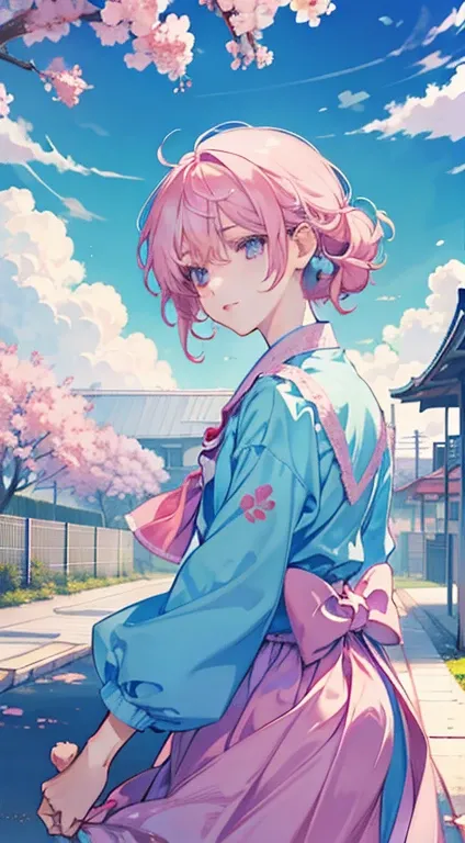 few cherry blossom and cloud only bg, 2d anime bg, simple, fresh, pastel blue and pink, simple bg, highschool rooftop pov, chain link fence