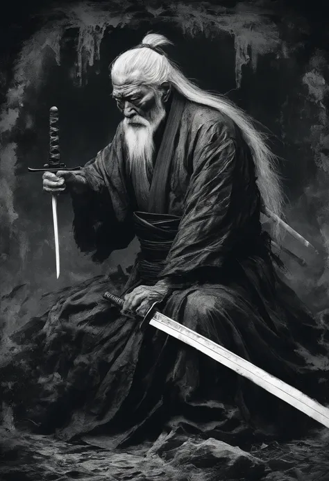 Historical, Shirtless old man, Samurai,battered,Shirtless, Japanese Katana Sword, long white hair, long white beard，samurais,Grandpa, burst，Knelt，Seppuku suicide