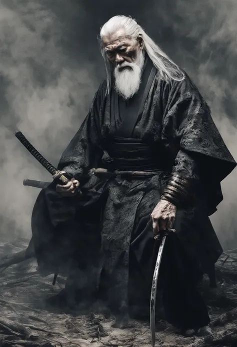 Historical, Shirtless old man, Samurai,battered,Shirtless, Japanese Katana Sword, long white hair, long white beard，samurais,Grandpa, burst，Knelt，Seppuku suicide