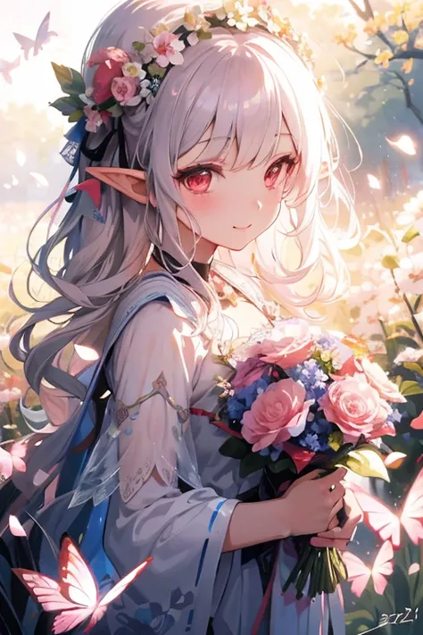 Anime girl with flowers and flower crowns in her hair, elf girl wearing an flower suit, Beautiful Anime Portrait, guweiz on pixiv artstation, smiling as a queen of fairies, artwork in the style of guweiz, Beautiful anime girl, guweiz on artstation pixiv, A...