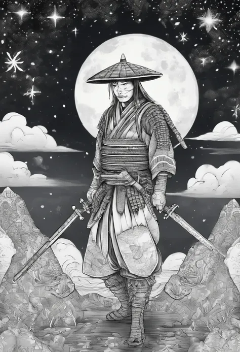 The samurai carries a sword, Starry sky and fog cover the landscape.