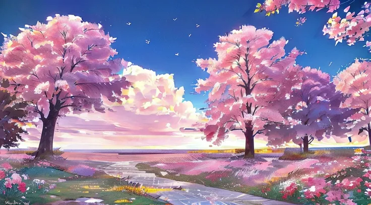 Plain of colorful flowers、One big cherry tree、fantastic landscape、Landscapes delicately expressed in detail、realistic representation