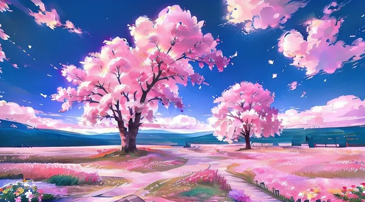 plain of colorful flowers、one big cherry tree、fantastic landscape、landscapes delicately expressed in detail、realistic representa...