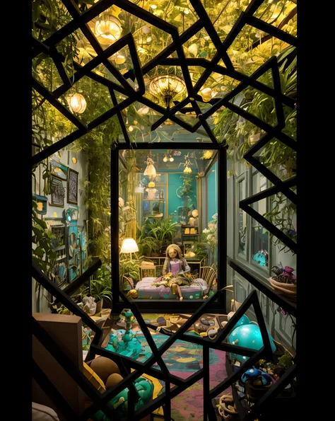 Architectural Digest photo of a {vaporwave/steampunk/solarpunk} ((Child room)) green, with a lot kid toys, with dolls, with a big bed, with flowers and plants, golden light, hyperrealistic surrealism, award-winning masterpiece with incredible detail, breat...