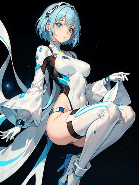 Slender beautiful girl、(White and blue futuristic space station wall background):1.2、Tight-fitting bodysuits of the near future、hight resolution、top-quality、The ultra-detailliert、Fine details、Does not blush cheeks、knee high、Undersized breasts、short hair of...