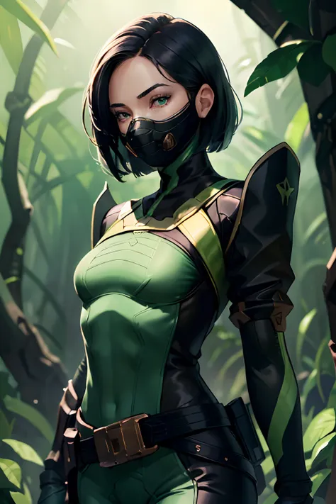 (best quality, masterpiece:1.2), solo, mature woman, detailed hair, detailed eyes, valorantViper, vibrant green eyes, glowing eyes, (small breasts), [abs:0.4], bodysuit, belt, jungle, green smoke, realistic colors, studio lighting, respirator, looking at v...