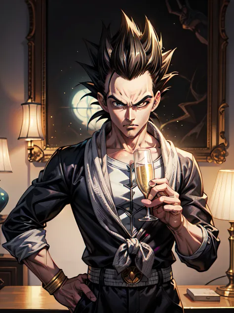 pintura "homem personagen vegeta dbz" holding a glass of champagne, it's not guillem h's style. pongiluppi, alex ross, , charmin...