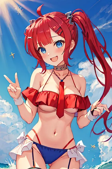 best quality, masterpiece, highres, solo, {san_diego_azurlane:1.15}, red_hair, blue_eyes, twintails, long_hair, ahoge, blush, breasts, open_mouth, bangs, smile, hair_ornament, necktie, large_breasts, cleavage, 1girl, choker, hair_bobbles, hairclip, jewelry...