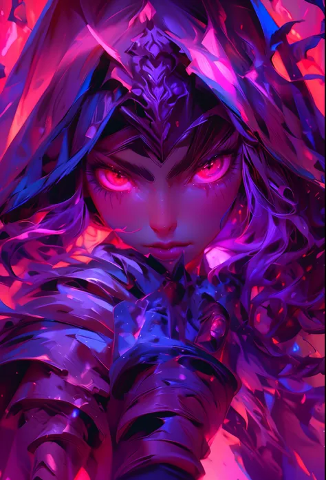 The most beautiful and sexy demon sorceress, long glowing violet hair, red eyes, wearing a hooded cloak and highly detailed battle armor, tattoos and piercings, casting a powerful and destructive magic spell, perfect masterpiece, high quality, high resolut...