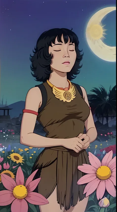 half asian half indigenous mystical girl in cartoon style with black medium hair and short bangs in front of ruins with closed e...