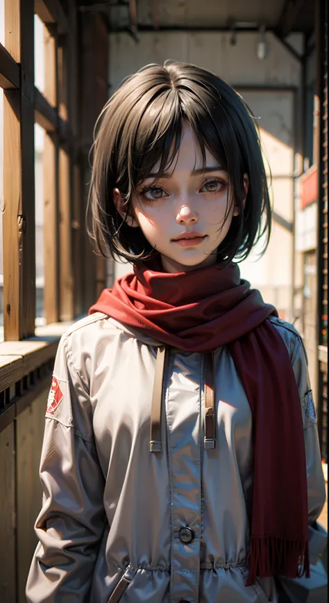 (masterpiece), (hyper realistic), Attack on Titan, upper body, Mikasa Ackerman, wearing Streetwear Hoodie, red scarf on the neck, sad smile, dinamic lighting, blurry background