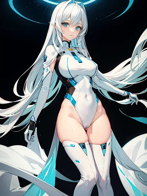 Slender beautiful girl、(White and blue futuristic space station background):1.2、Tight-fitting bodysuits of the near future、hight resolution、top-quality、The ultra-detailliert、Fine details、Does not blush cheeks、knee high、Undersized breasts、shorth hair、head p...