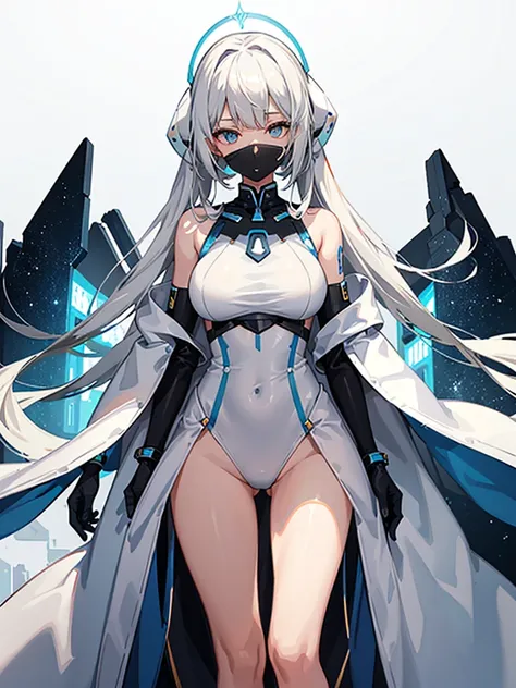 Slender beautiful girl、(White and blue futuristic space station background):1.2、Tight-fitting bodysuits of the near future、hight resolution、top-quality、The ultra-detailliert、Fine details、Does not blush cheeks、knee high、Undersized breasts、shorth hair、head p...