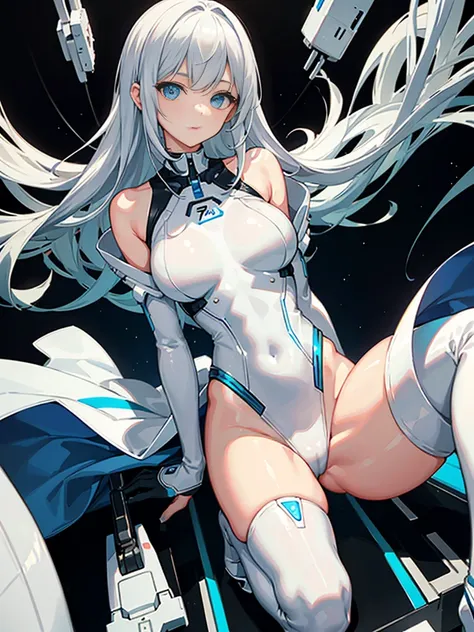 Slender beautiful girl、(White and blue futuristic space station background):1.2、Tight-fitting bodysuits of the near future、hight resolution、top-quality、The ultra-detailliert、Fine details、Does not blush cheeks、knee high、Undersized breasts、shorth hair、head p...