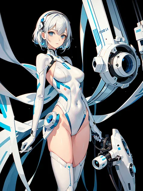 Slender beautiful girl、(White and blue futuristic space station background):1.2、Tight-fitting bodysuits of the near future、hight resolution、top-quality、The ultra-detailliert、Fine details、Does not blush cheeks、knee high、Undersized breasts、shorth hair、head p...