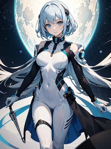 Slender beautiful girl、(White and blue futuristic space station background):1.2、Tight-fitting bodysuits of the near future、hight resolution、top-quality、The ultra-detailliert、Fine details、Does not blush cheeks、knee high、Undersized breasts、shorth hair、head p...