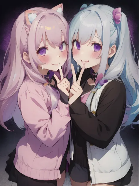 Two girls standing side by side,Peace sign for two,Clothes look paired,fluffy hair,White, pink, blonde, silver, light blue, yellow-green, and purple hair,Sheer Puff Puff Long Sleeve,brown, White and yellow-green clothes,Loose socks,SEX,AHE Face,Mouth ajar,...