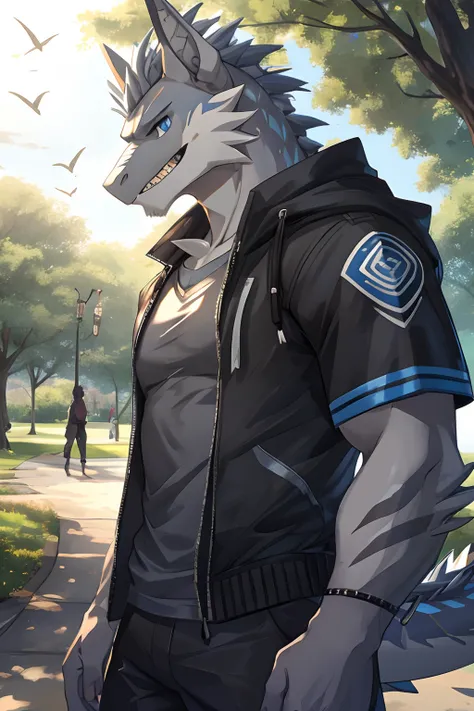 Masterpiece, Cool Pose, Furry Gray Dragon, Fit Body, Blue Eyes, Grey Medium Hair, Casual Set, Fierce, Good looking, teeth, Park Background