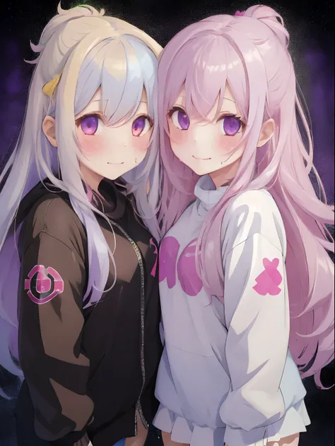 Two girls standing side by side,Two Peace Signs,Clothes look in pairs,fluffy hair,white, Pink, Blonde, Silver, Light blue, Yellow-green, And purple hair,Sheer Puff Puff Long Sleeve,brown, White and yellow-green clothes,Loose socks,SEX,AHE Face,Mouth ajar,I...