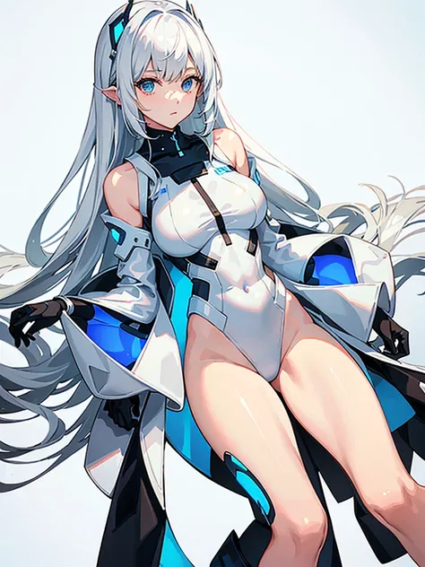 Slender beautiful girl、(White and blue futuristic space station background):1.2、Tight-fitting bodysuits of the near future、hight resolution、top-quality、The ultra-detailliert、Fine details、Does not blush cheeks、knee high、Undersized breasts、shorth hair、head p...