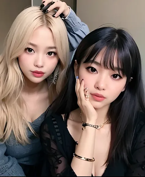 duas mulheres com cabelos longos e franja posando para uma foto, Ulzzang, Nixeu e Sakimichan, maquiagem sul-coreana popular, maquiagem coreana popular, com preto, com franja completa, Ela tem cabelo preto com franja, Sakimichan, Lalisa Manobal, foto de per...