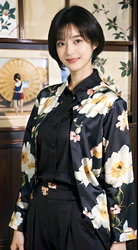 93
(a 20 yo woman,is standing), (A hyper-realistic), (masutepiece), ((short-hair:1.46)), (Smooth black hair), wear long pants, (Wearing a long-sleeved shirt with a floral print), (painterly、picture frame), (Gentle smile), (Keep your mouth shut)