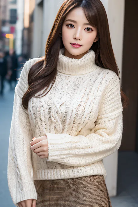 tmasterpiece，E-commerce shooting，best qualtiy，8K，offcial art，cinematric light，超A high resolution，1个Giant Breast Girl，，Mature，独奏，jewely，eye glass，skirt by the，Long whit hair，looking at viewert，Sweaters，White sweater，brown haired，with brown eye，white backgro...