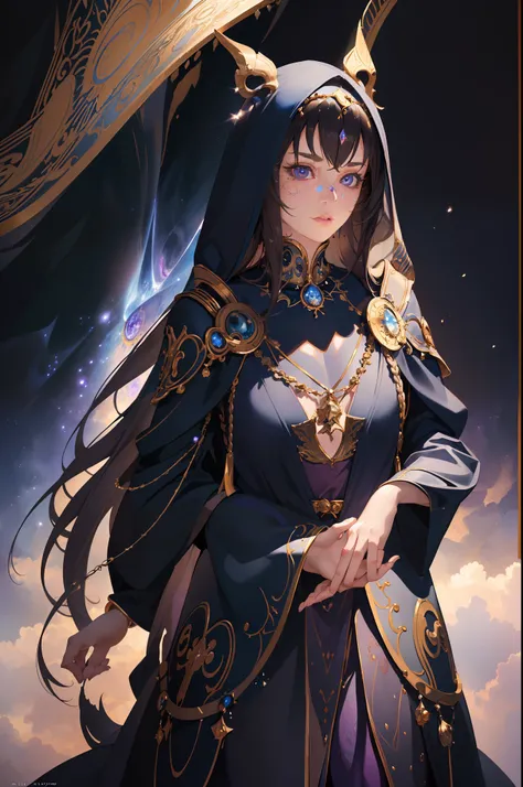 (masterpiece, finely detailed beautiful eyes: 1.2), ultra-detailed, illustration, 
A mysterious and mystical wizard girl adorned in robes of deep purple, standing in a world of her own creation, surrounded by a swirling cloud of arcane magic.
,detailed bac...