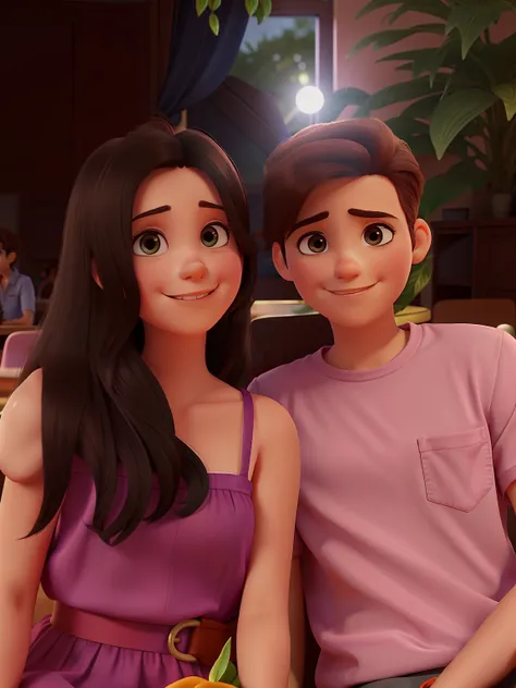 There are two people sitting together at a table with a plant in the background, imagem de perfil, Foto do perfil, Lovely couple, criar imagem de personagens da Disney Pixar com detalhes dessa foto :Straight-haired girl in pink dress with straps open at th...