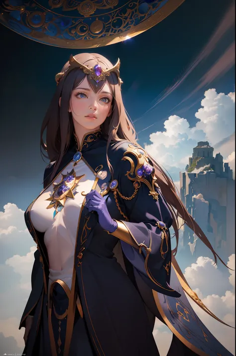 (masterpiece, finely detailed beautiful eyes: 1.2), ultra-detailed, illustration, 
A mysterious and mystical wizard girl adorned in robes of deep purple, standing in a world of her own creation, surrounded by a swirling cloud of arcane magic.
,detailed bac...