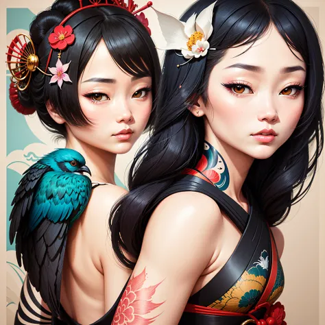 a drawing of a woman with a bird on her, inspired by Kitagawa Utamaro, inspired by Kanō Takanobu, inspired by Audrey Kawasaki, inspired by Kanō Motonobu, geisha, inspired by Takato Yamamoto, inspired by Kelly McKernan, inspired by Harumi Hironaka, art By R...