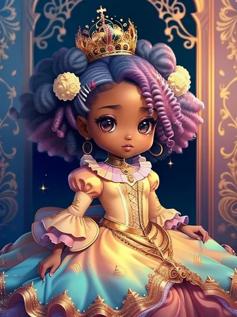 Linda Princesa afro, princesa da Lua, castelo , Chibi, real, arte, 
yang08k, fotografia, bonito, colorido, realista, corpo inteiro na imagem,
obras-primas, qualidade superior, melhor qualidade, arte oficial, beautiful and aesthetic,