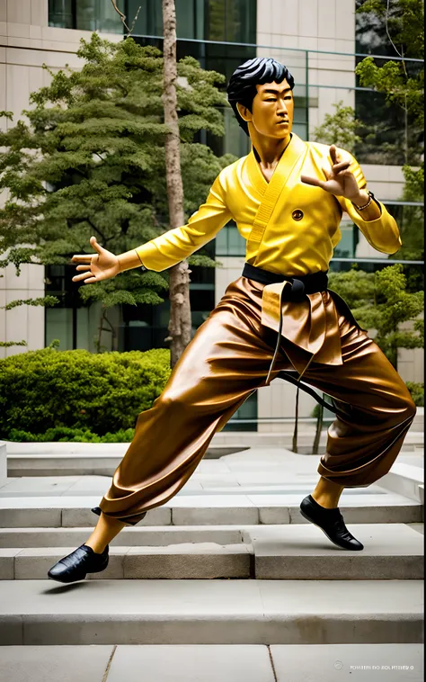 Statue of a man in a karate pose in front of a building, inspirado em Liao Chi-chun, inspirado em Shen Quan, inspirado em Ma Quan, bruce lee, bronze statue, statue, Retrato de Bruce Lee, 3d statue!!!, a statue, inspirado em Zhao Mengfu, inspirado em Sheng ...