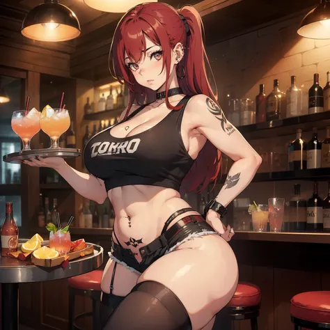 (((Solo))) Girl with long red hair, ((piercings)), (tattoos), (black eyes), ((wearing a black tank top)), (wearing shorts), ((D cups)), (((curvy hips))), detailed eyes, (at a bar), (holding a tray of drinks)), ((((full lips))), sparkling eyes, seductive po...