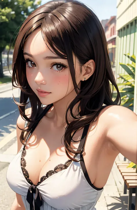 girl in summer clothes, top shot,((selfie)), brown eyes, random background, kiss, beautiful, medium breasts, flirtatious look, ((very detailed)), (perfectly detailed face), (well detailed hand), photorealistic image.